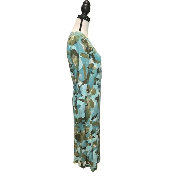 Blue Green Abstract Camo Faux Wrap Midi Dress Long Sleeve Ruched V-Neck Slim Fit - Picture 3 of 5